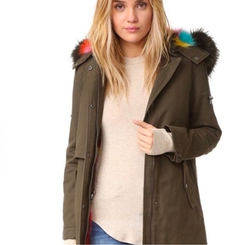Jocelyn Utility Jacket lined with rainbow real fox fur, XS